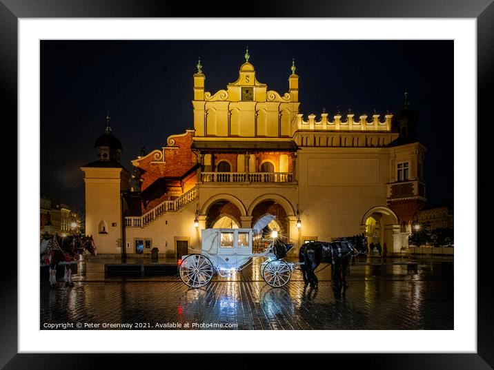 White Horse Drawn Carriages In The Old Town Square, Krakow, Poland Framed Mounted Print by Peter Greenway