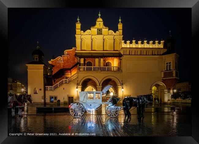 White Horse Drawn Carriages In The Old Town Square, Krakow, Poland Framed Print by Peter Greenway
