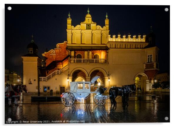 White Horse Drawn Carriages In The Old Town Square, Krakow, Poland Acrylic by Peter Greenway