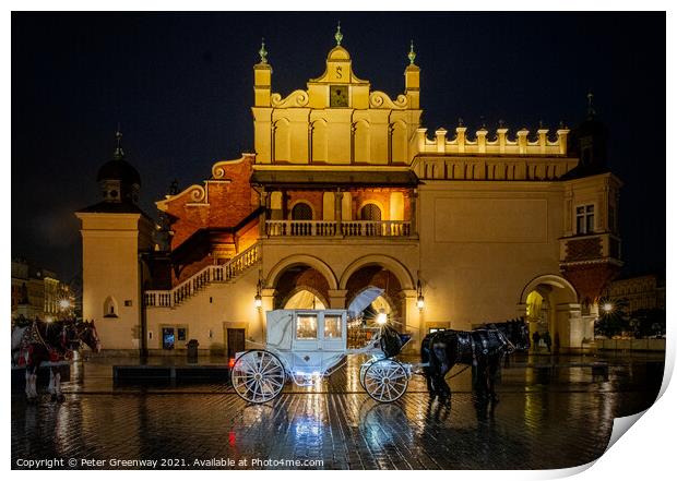 White Horse Drawn Carriages In The Old Town Square, Krakow, Poland Print by Peter Greenway