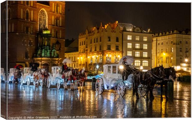 White Horse Drawn Carriages In The Old Town Square, Krakow, Poland Canvas Print by Peter Greenway