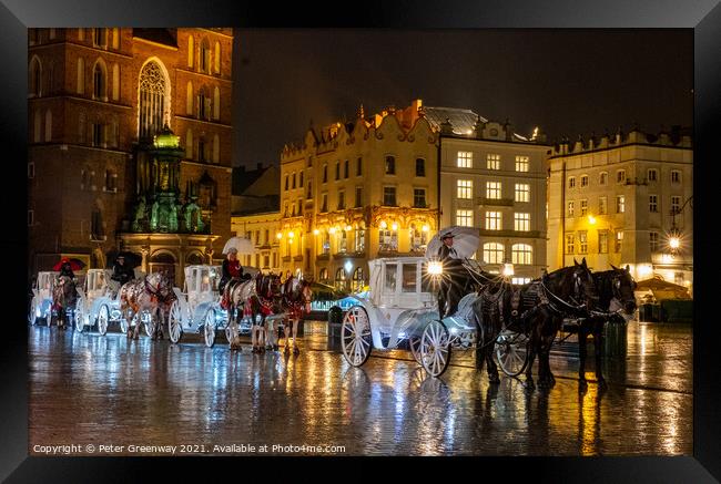White Horse Drawn Carriages In The Old Town Square, Krakow, Poland Framed Print by Peter Greenway