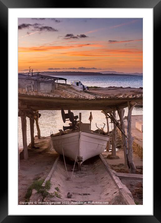 Fishing boat on its jetty at sunset Framed Mounted Print by Vicente Sargues