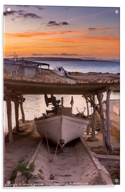 Fishing boat on its jetty at sunset Acrylic by Vicente Sargues
