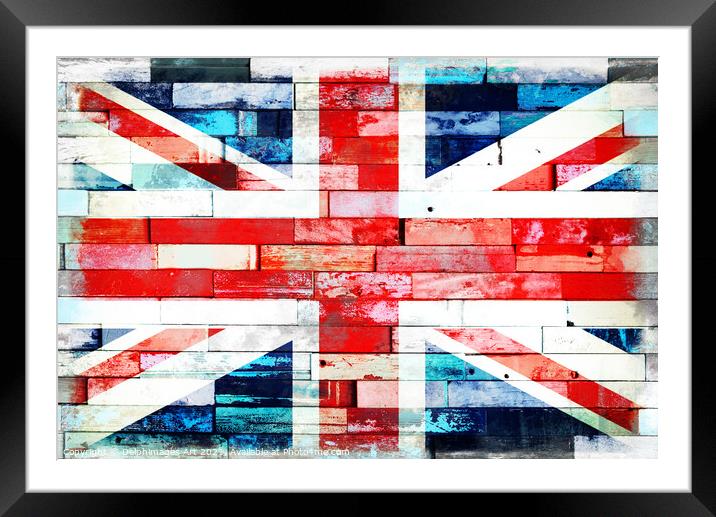 Union Jack, UK flag on wood planks background Framed Mounted Print by Delphimages Art