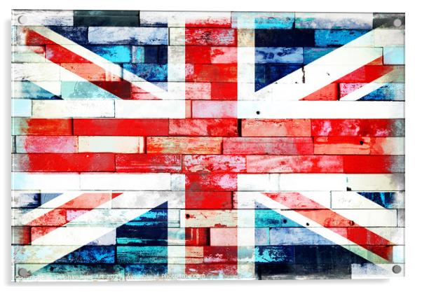 Union Jack, UK flag on wood planks background Acrylic by Delphimages Art