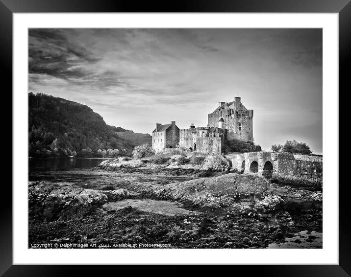 Eilean Donan castle, Scotland, Black and white Framed Mounted Print by Delphimages Art