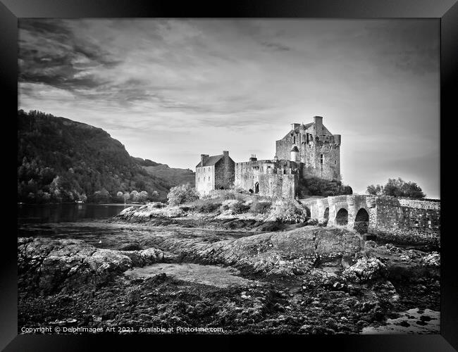 Eilean Donan castle, Scotland, Black and white Framed Print by Delphimages Art