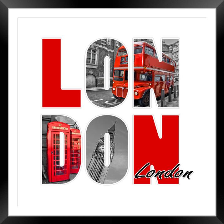 London letters, black and white with red Framed Mounted Print by Delphimages Art