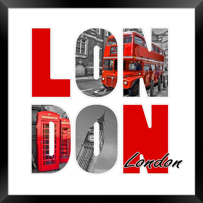 London letters, black and white with red Framed Print by Delphimages Art