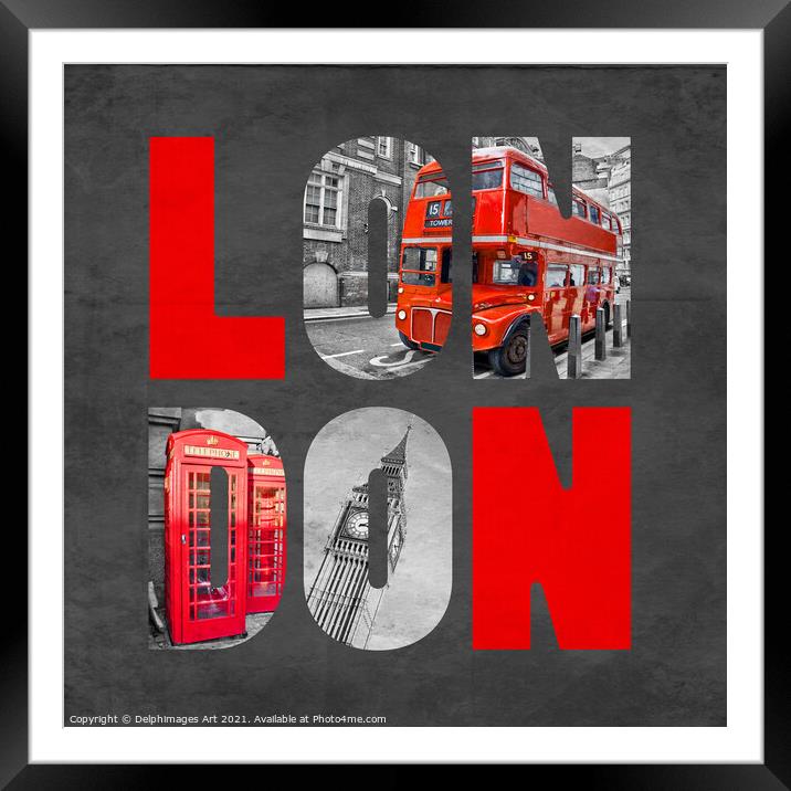 London Letters, black and white with red Framed Mounted Print by Delphimages Art