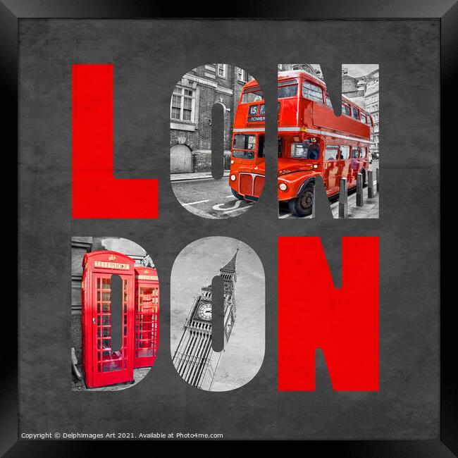 London Letters, black and white with red Framed Print by Delphimages Art