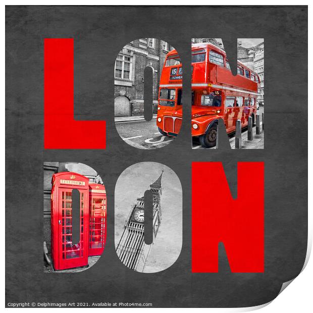 London Letters, black and white with red Print by Delphimages Art
