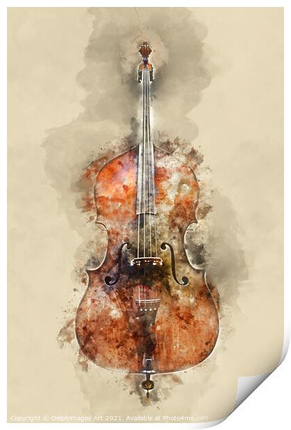 Ancient cello, music instrument  watercolor Print by Delphimages Art