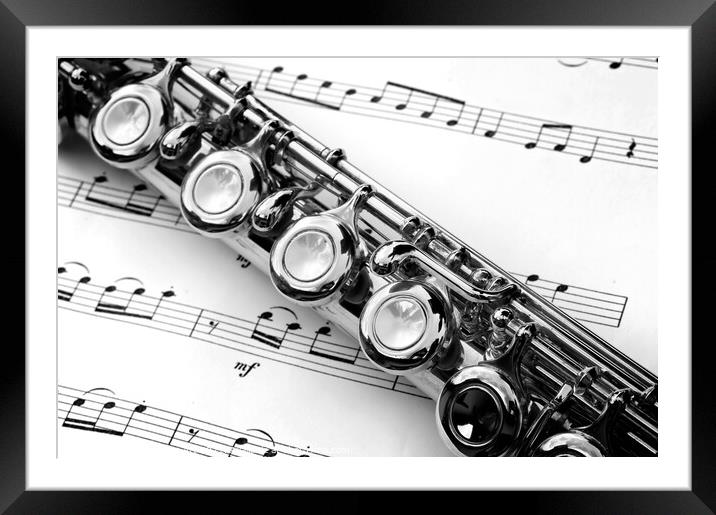 Flute and sheet music black and white Framed Mounted Print by Delphimages Art
