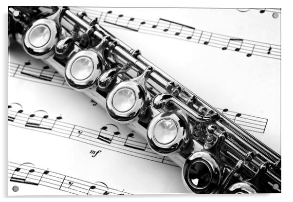 Flute and sheet music black and white Acrylic by Delphimages Art