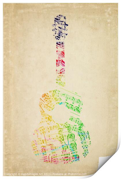 Musical notes guitar, vintage sheet music Print by Delphimages Art