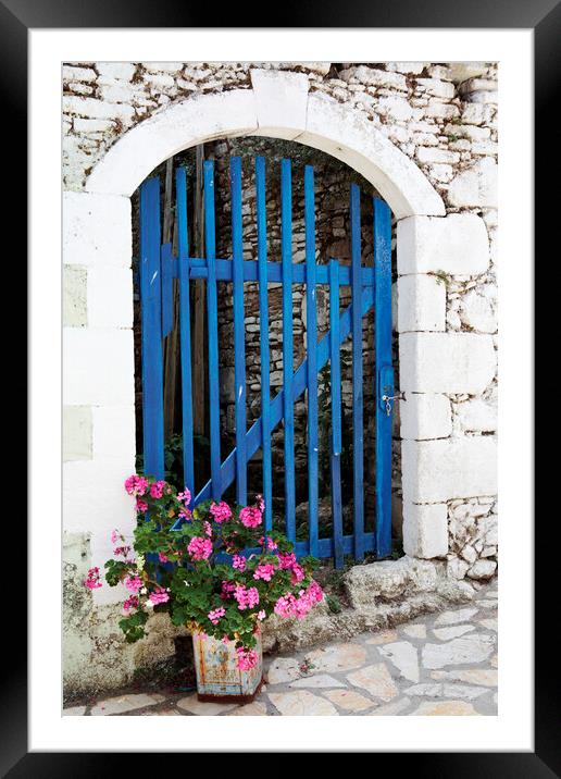 Old Blue Greek Door with flowers, Corfu, Greece Framed Mounted Print by Neil Overy