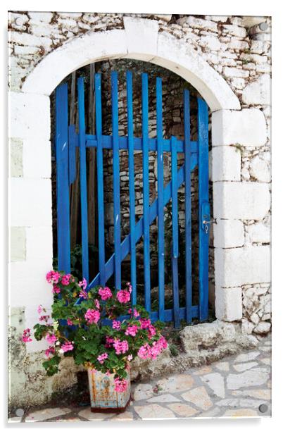 Old Blue Greek Door with flowers, Corfu, Greece Acrylic by Neil Overy