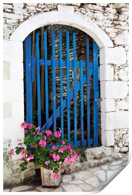 Old Blue Greek Door with flowers, Corfu, Greece Print by Neil Overy