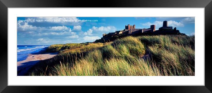 A view of Bamburgh Castle and the sand dunes, Northumberland Framed Mounted Print by Navin Mistry