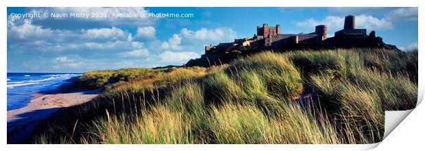 A view of Bamburgh Castle and the sand dunes, Northumberland Print by Navin Mistry