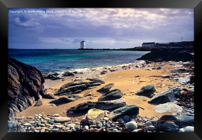 A view towards the Carraig Fhada Lighthouse, Kilnaughton Bay, Islay Framed Print by Navin Mistry