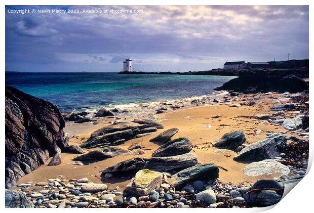 A view towards the Carraig Fhada Lighthouse, Kilnaughton Bay, Islay Print by Navin Mistry