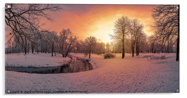 Sunset in snowy park  Acrylic by Maria Vonotna