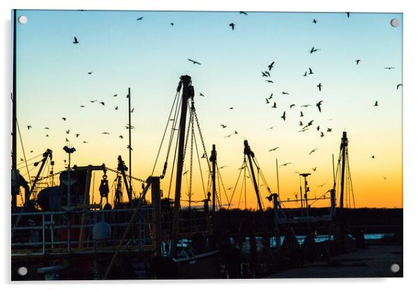 Silhouette of fishing boats and birds Acrylic by Clive Wells