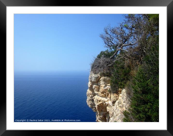 Hanging cliff rock with a pine tree Framed Mounted Print by Paulina Sator