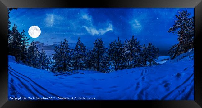 Winter night in snowy forest with full moon Framed Print by Maria Vonotna