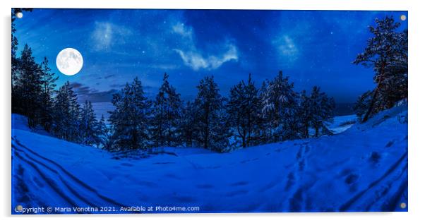 Winter night in snowy forest with full moon Acrylic by Maria Vonotna
