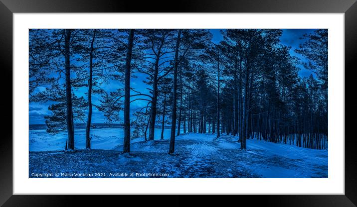Dark night in pine forest near sea coast Framed Mounted Print by Maria Vonotna
