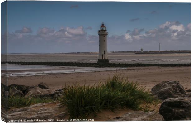 Low tides at New Brighton Lighthouse Canvas Print by Richard Perks