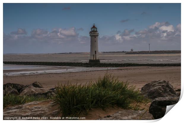 Low tides at New Brighton Lighthouse Print by Richard Perks