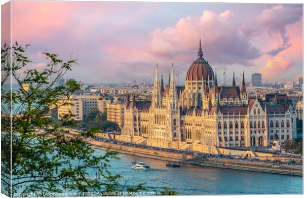 Budapest parliament and Danube river at sunset Canvas Print by Delphimages Art