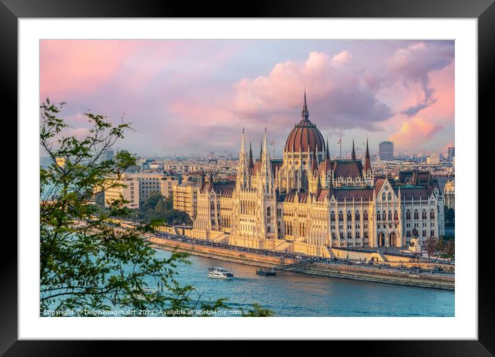 Budapest parliament and Danube river at sunset Framed Mounted Print by Delphimages Art