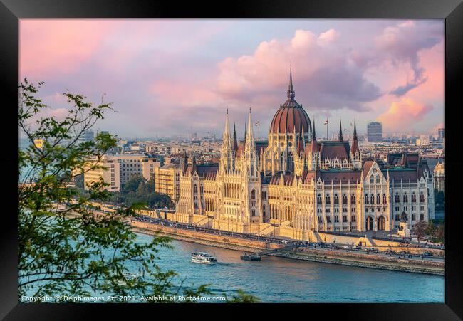 Budapest parliament and Danube river at sunset Framed Print by Delphimages Art