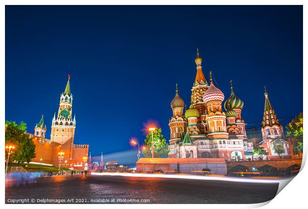 Red Square at night in Moscow Russia Print by Delphimages Art