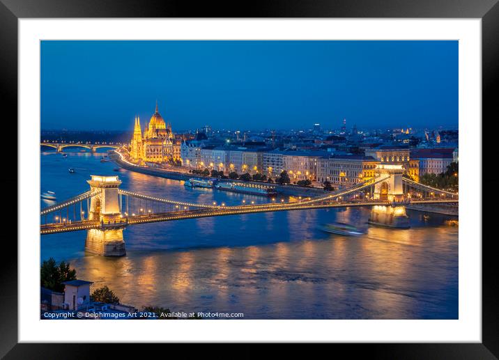 Budapest parliament and Chain bridge at night Framed Mounted Print by Delphimages Art