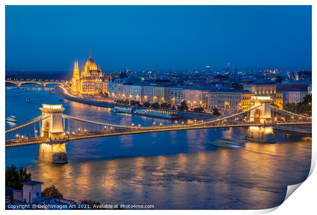 Budapest parliament and Chain bridge at night Print by Delphimages Art