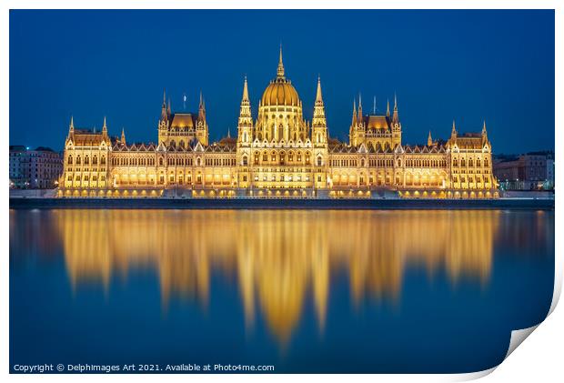 Budapest parliament at night, Hungary Print by Delphimages Art