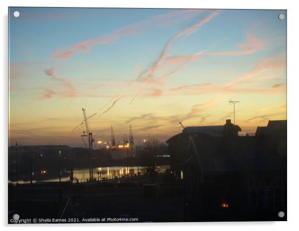 Dawn over the Docks Acrylic by Sheila Eames