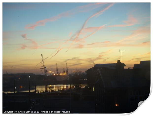 Dawn over the Docks Print by Sheila Eames