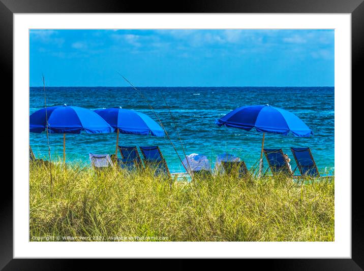 Bue Umbrellas Beach Bathers Blue Ocean Fort Lauderdale Florida Framed Mounted Print by William Perry