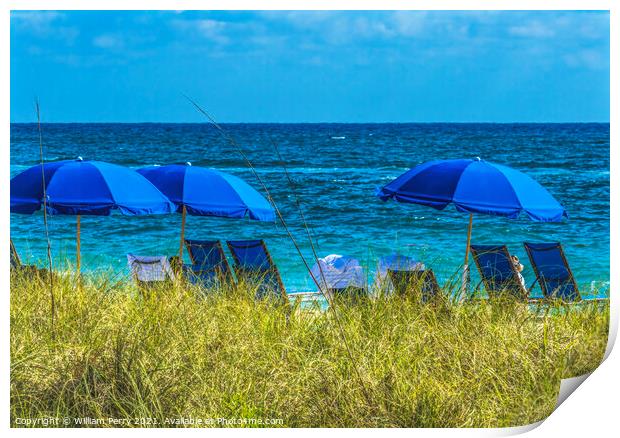 Bue Umbrellas Beach Bathers Blue Ocean Fort Lauderdale Florida Print by William Perry