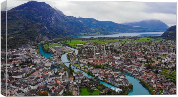 Aerial view over the city of Interlaken in Switzerland Canvas Print by Erik Lattwein