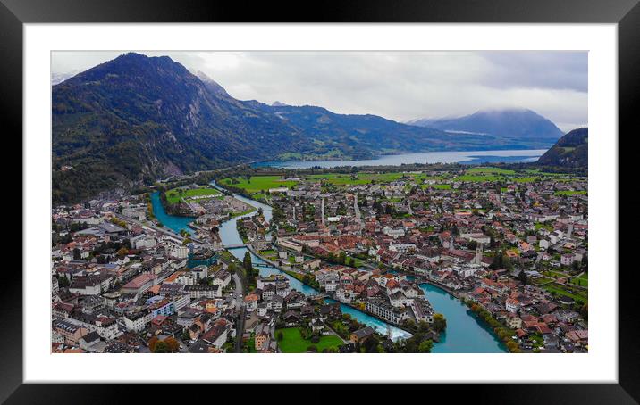 Aerial view over the city of Interlaken in Switzerland Framed Mounted Print by Erik Lattwein