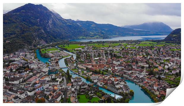 Aerial view over the city of Interlaken in Switzerland Print by Erik Lattwein